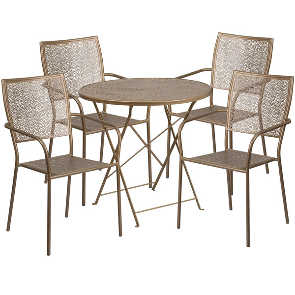 Gold |#| 30inch Round Gold Indoor-Outdoor Steel Folding Patio Table Set with 4 Chairs