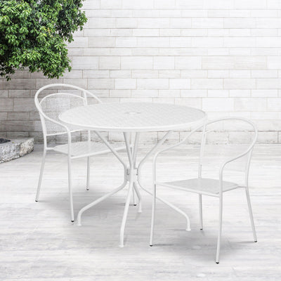 Oia Commercial Grade 35.25" Round Indoor-Outdoor Steel Patio Table Set with 2 Round Back Chairs - View 2
