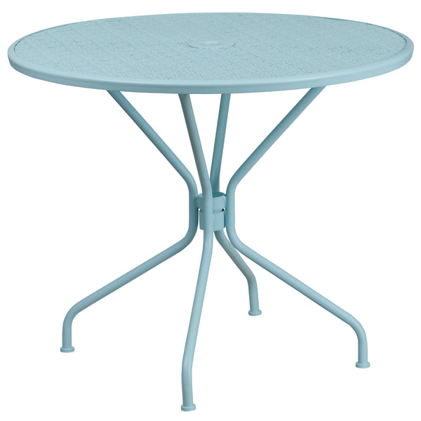 Sky Blue |#| 35.25inch RD Sky Blue Indoor-Outdoor Steel Patio Table Set with 4 Round Back Chairs