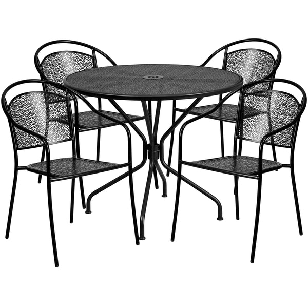 Black |#| 35.25inch Round Black Indoor-Outdoor Steel Patio Table Set with 4 Round Back Chairs