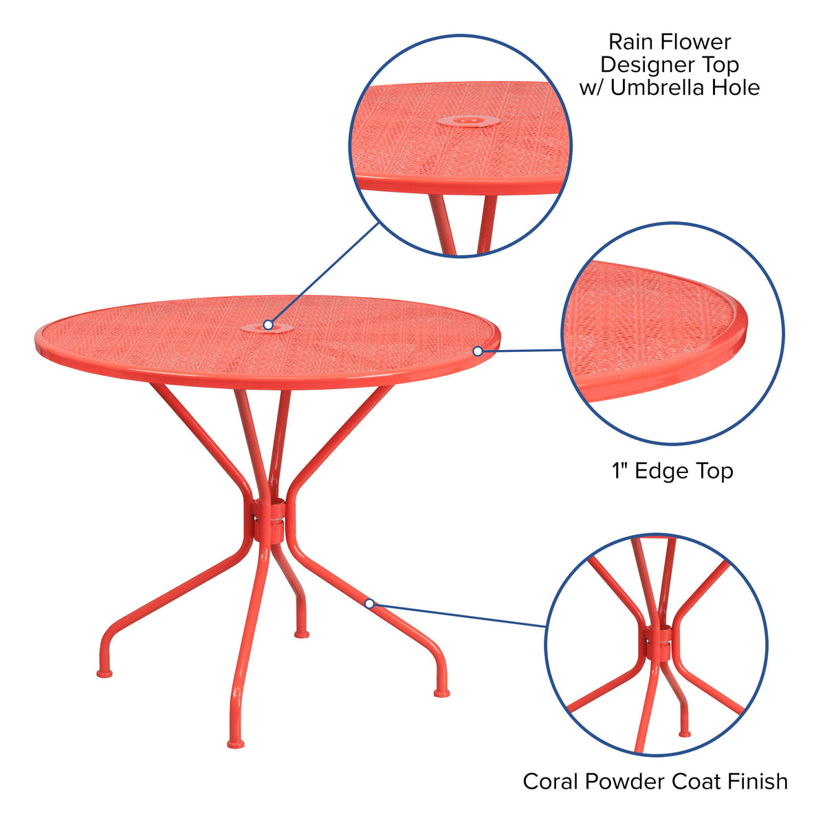 Coral |#| 35.25inch Round Coral Indoor-Outdoor Steel Patio Table-Umbrella Hole-Restaurant