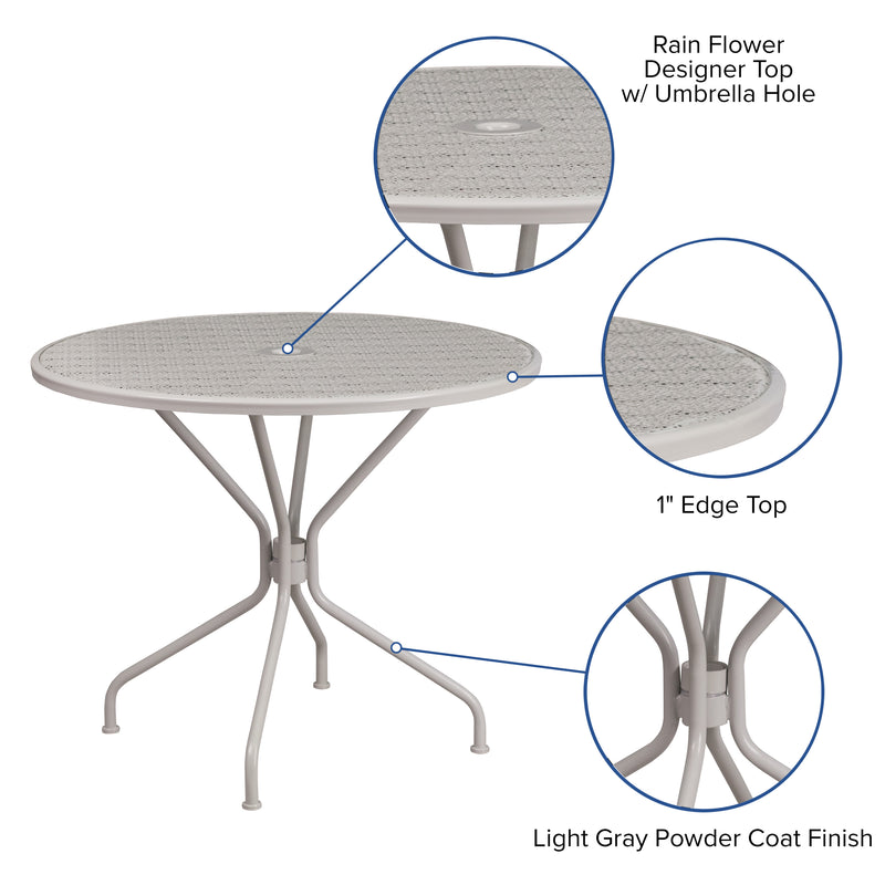 Light Gray |#| 35.25inch Round Lt Gray Indoor-Outdoor Steel Patio Table-Umbrella Hole-Restaurant