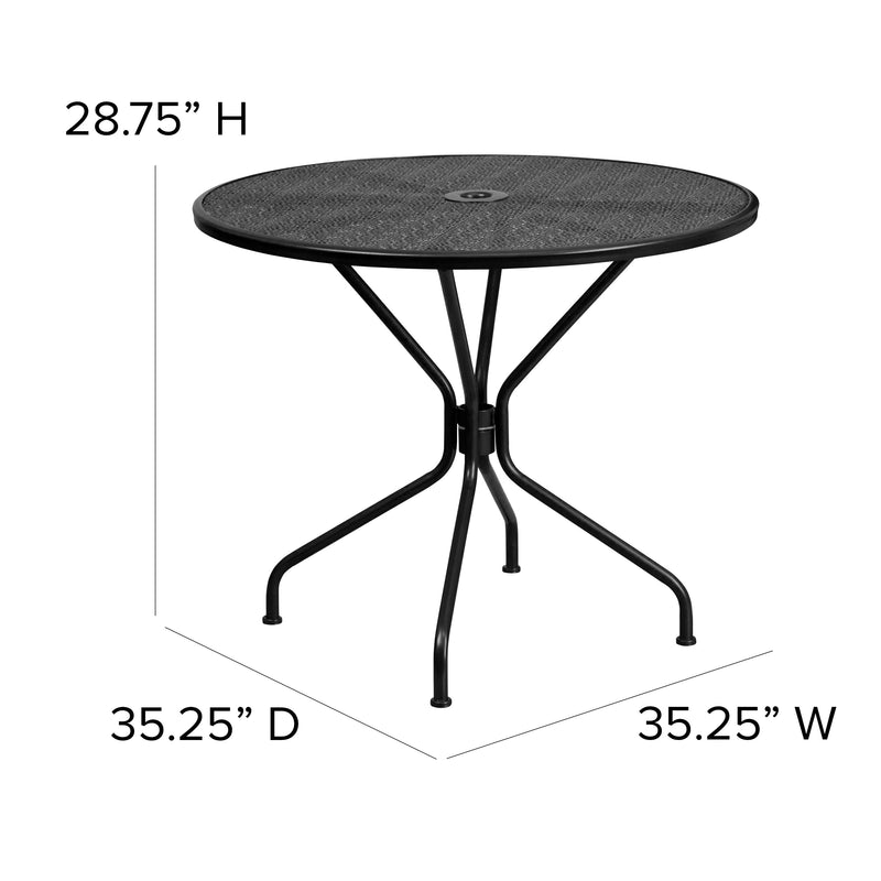 Black |#| 35.25inch Round Black Indoor-Outdoor Steel Patio Table-Umbrella Hole-Restaurant