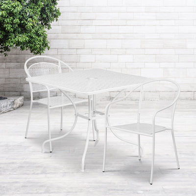 Oia Commercial Grade 35.5" Square Indoor-Outdoor Steel Patio Table Set with 2 Round Back Chairs - View 2