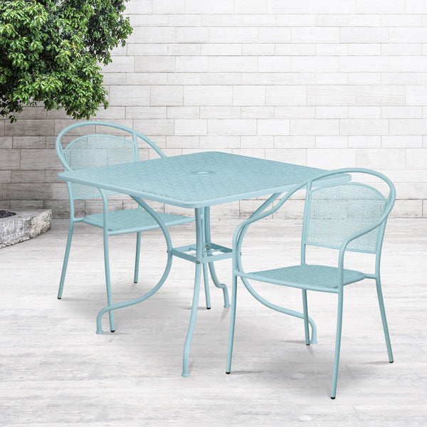 Sky Blue |#| 35.5" SQ Sky Blue Indoor-Outdoor Steel Patio Table Set w/ 2 Round Back Chairs
