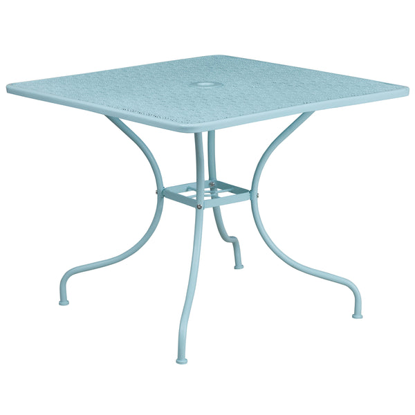 Sky Blue |#| 35.5" SQ Sky Blue Indoor-Outdoor Steel Patio Table Set w/ 2 Round Back Chairs