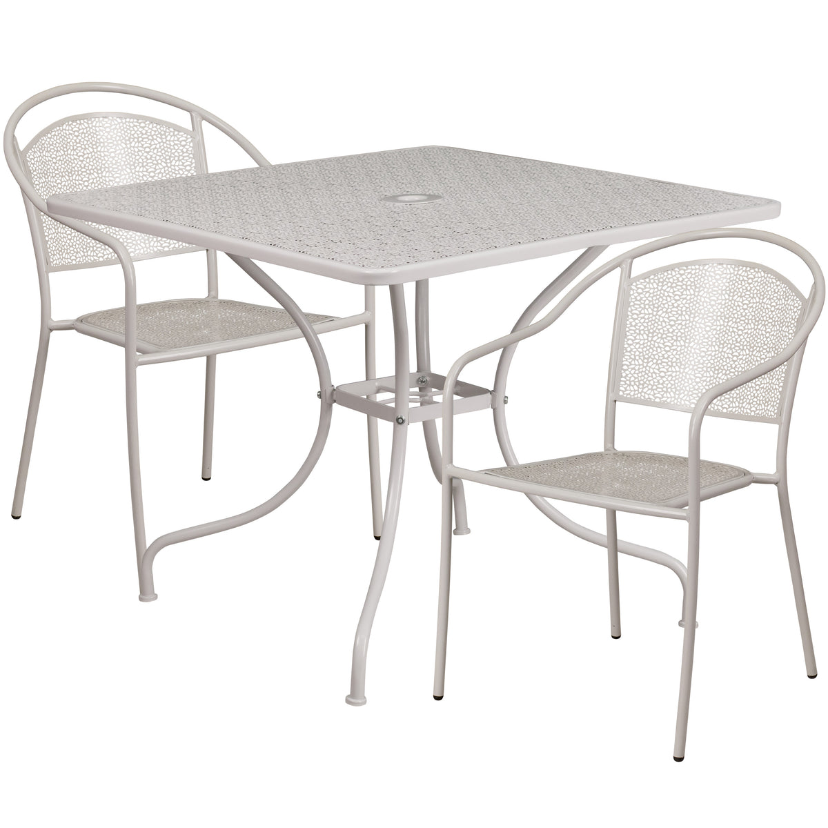Light Gray |#| 35.5" Square Lt Gray Indoor-Outdoor Steel Patio Table Set w/ 2 Round Back Chairs