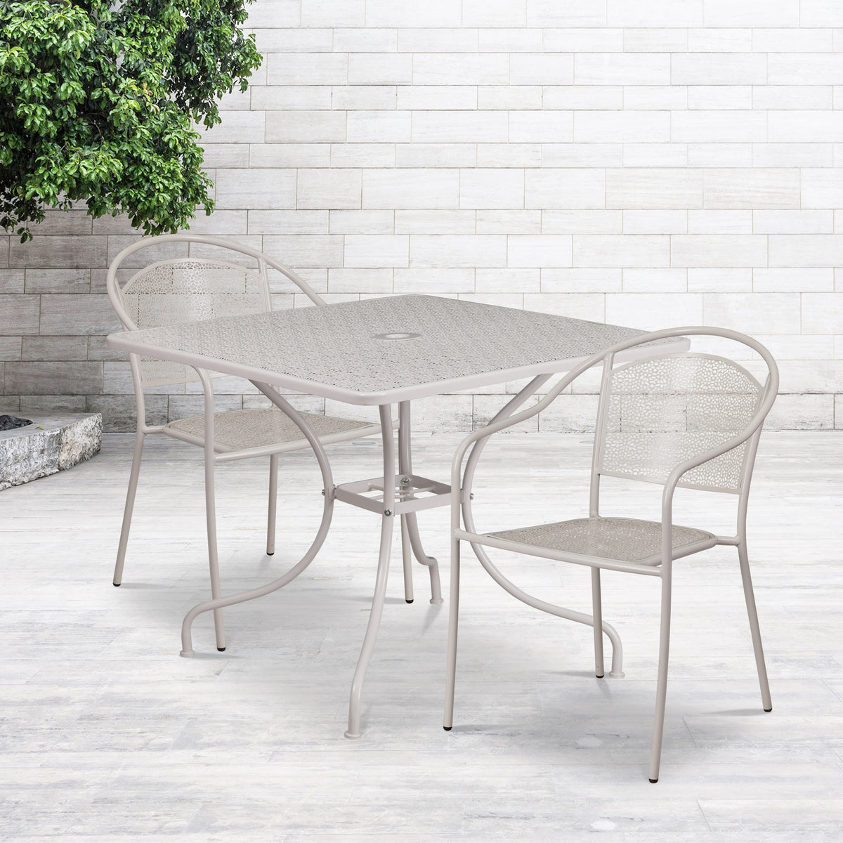 Light Gray |#| 35.5" Square Lt Gray Indoor-Outdoor Steel Patio Table Set w/ 2 Round Back Chairs
