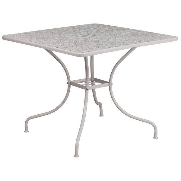 Light Gray |#| 35.5" Square Lt Gray Indoor-Outdoor Steel Patio Table Set w/ 2 Round Back Chairs