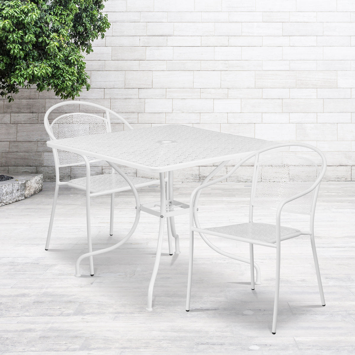White |#| 35.5" Square White Indoor-Outdoor Steel Patio Table Set w/ 2 Round Back Chairs