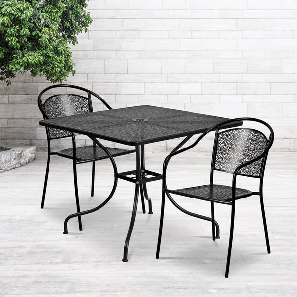 Black |#| 35.5" Square Black Indoor-Outdoor Steel Patio Table Set w/ 2 Round Back Chairs