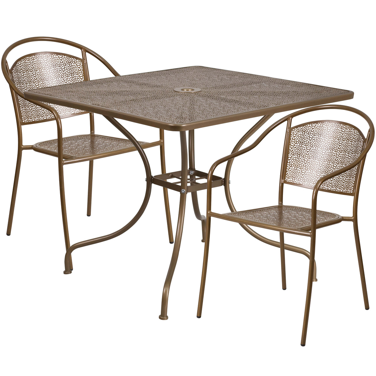 Gold |#| 35.5" Square Gold Indoor-Outdoor Steel Patio Table Set w/ 2 Round Back Chairs