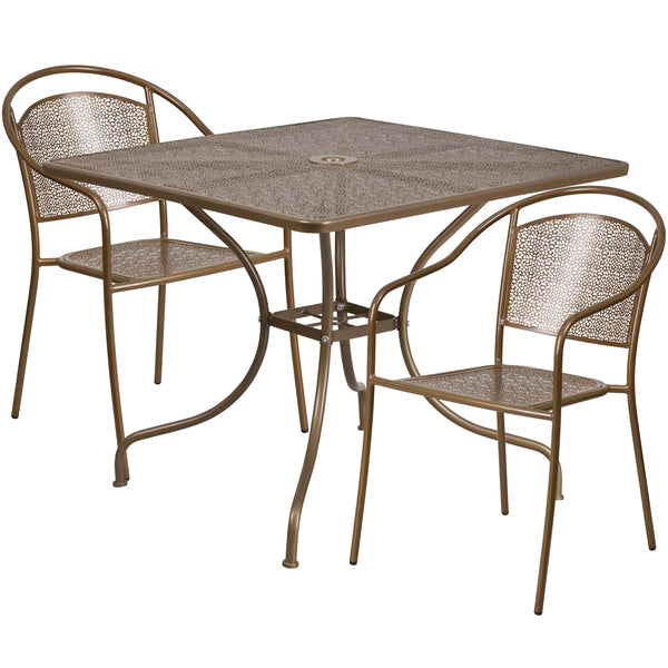 Gold |#| 35.5" Square Gold Indoor-Outdoor Steel Patio Table Set w/ 2 Round Back Chairs