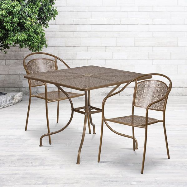 Gold |#| 35.5" Square Gold Indoor-Outdoor Steel Patio Table Set w/ 2 Round Back Chairs