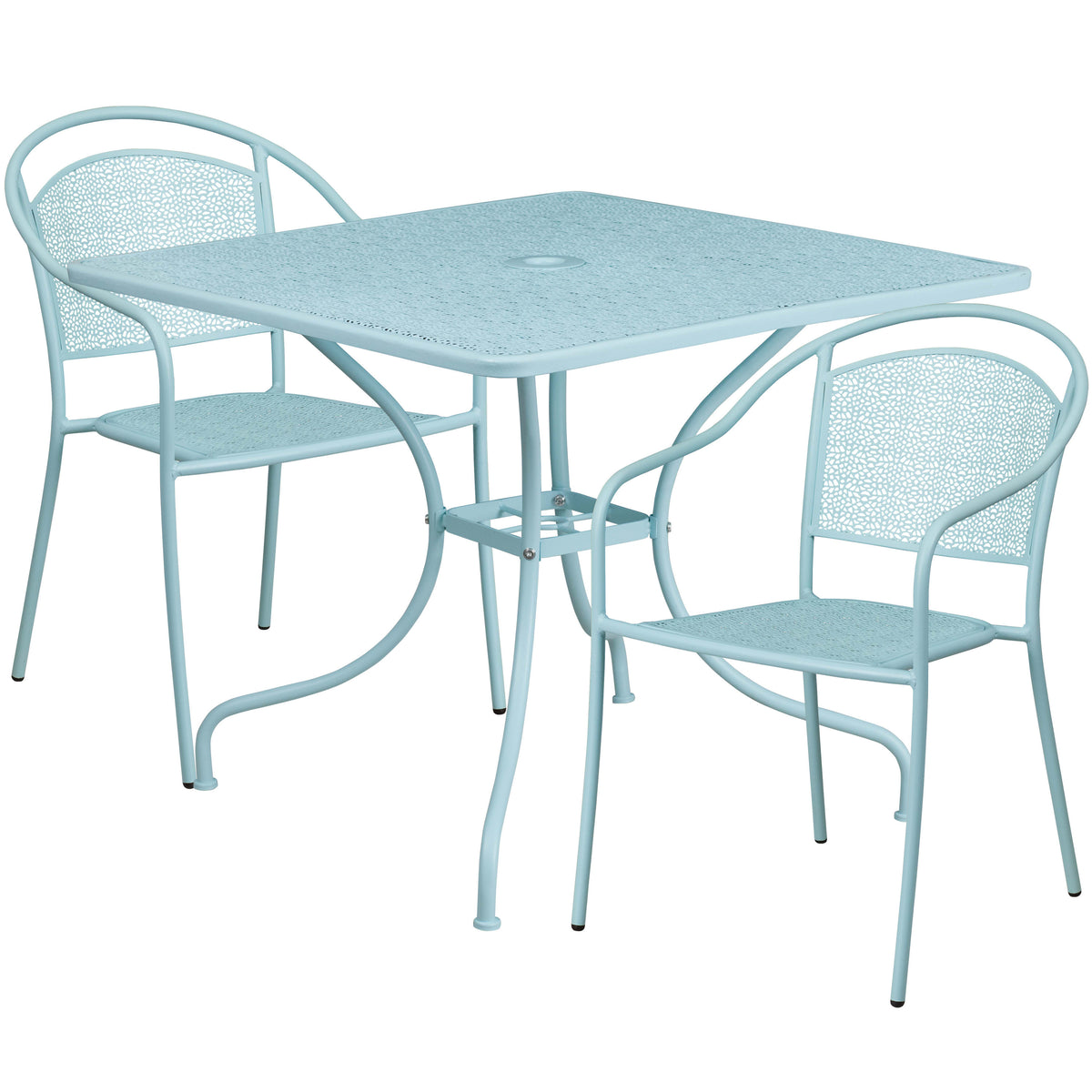 Sky Blue |#| 35.5" SQ Sky Blue Indoor-Outdoor Steel Patio Table Set w/ 2 Round Back Chairs