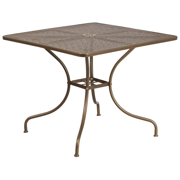 Gold |#| 35.5inch Square Gold Indoor-Outdoor Steel Patio Table Set with 4 Round Back Chairs