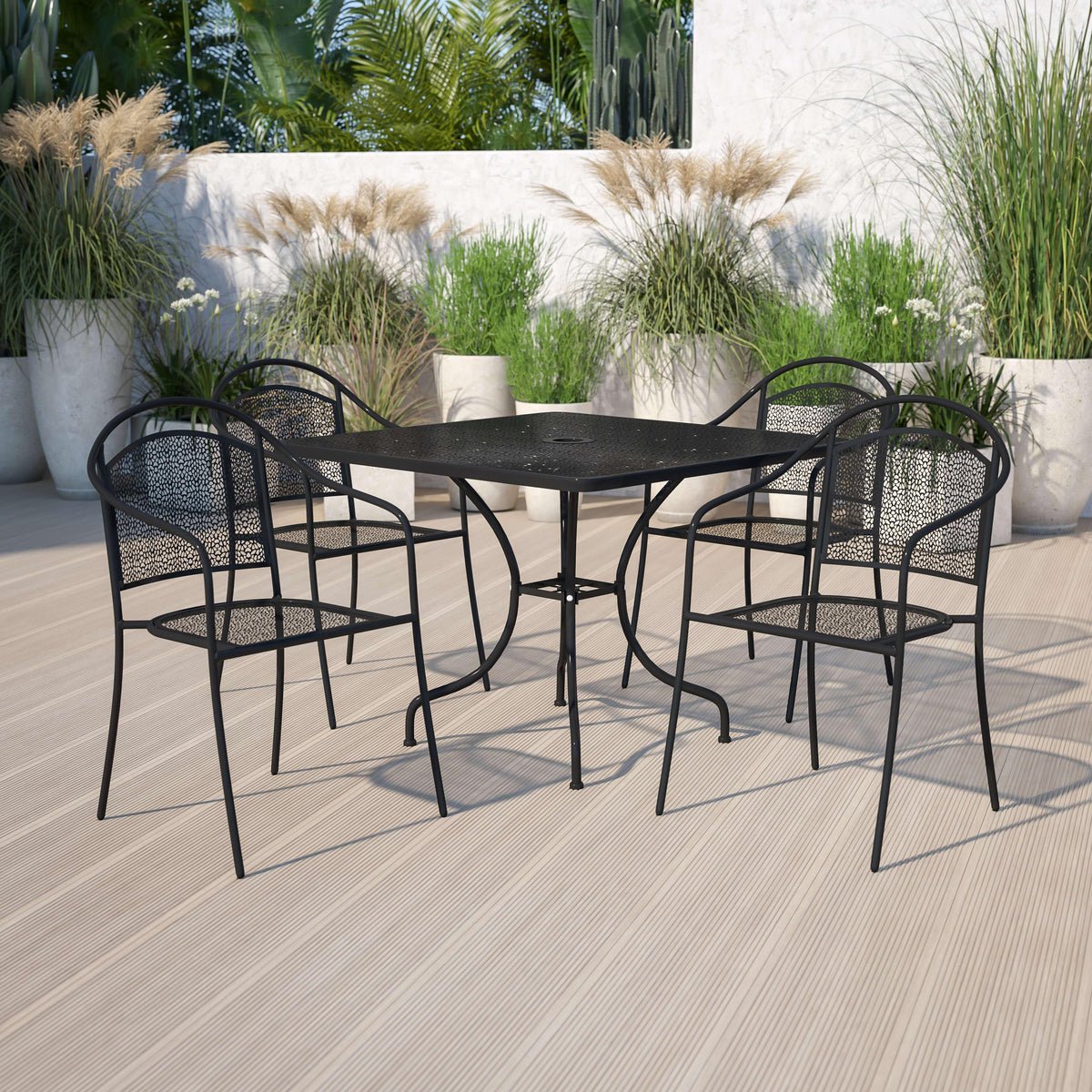 Black |#| 35.5inch Square Black Indoor-Outdoor Steel Patio Table Set w/ 4 Round Back Chairs