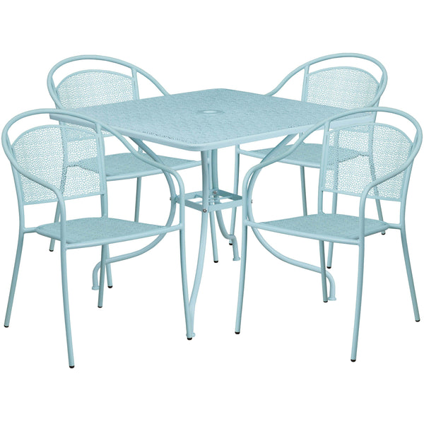 Sky Blue |#| 35.5inch SQ Sky Blue Indoor-Outdoor Steel Patio Table Set w/ 4 Round Back Chairs