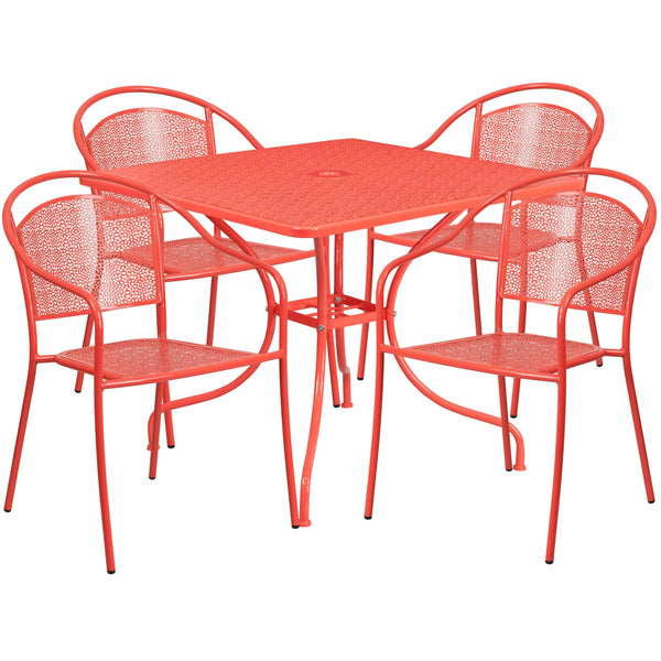 Coral |#| 35.5inch Square Coral Indoor-Outdoor Steel Patio Table Set w/ 4 Round Back Chairs