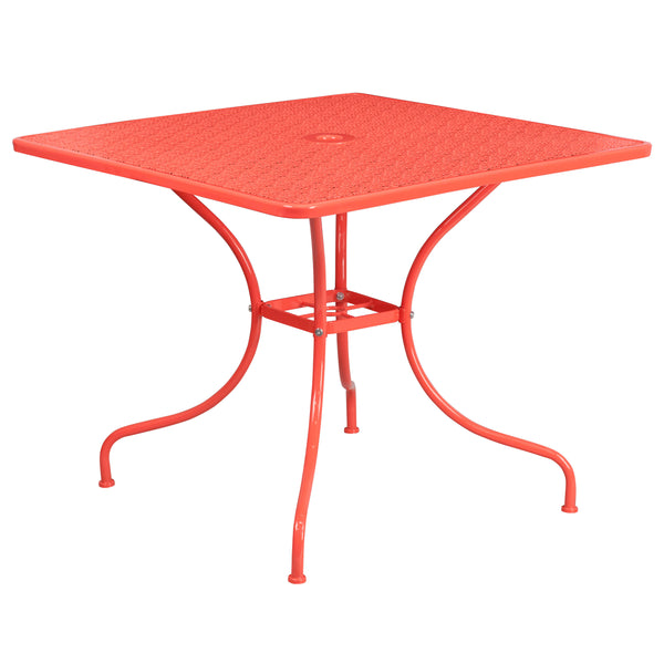 Coral |#| 35.5inch Square Coral Indoor-Outdoor Steel Patio Table Set w/ 4 Round Back Chairs