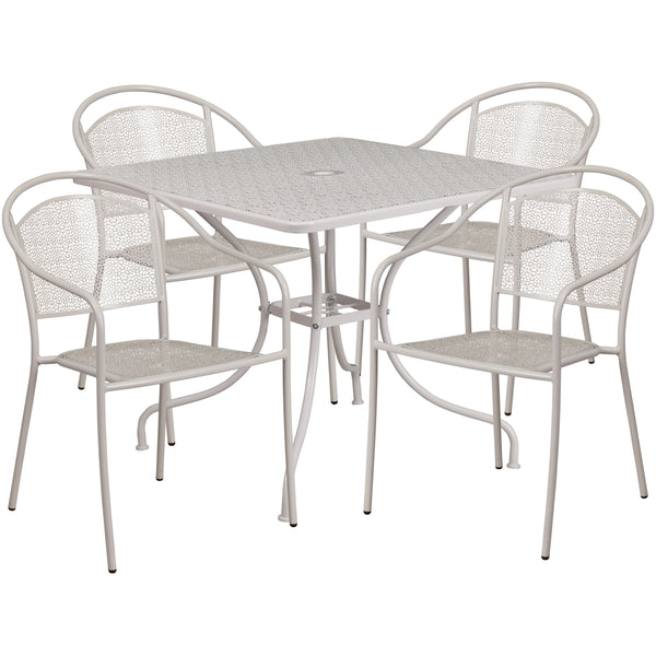 Light Gray |#| 35.5" Square Lt Gray Indoor-Outdoor Steel Patio Table Set w/ 4 Round Back Chairs