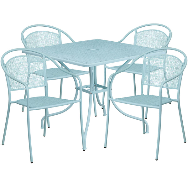 Sky Blue |#| 35.5" SQ Sky Blue Indoor-Outdoor Steel Patio Table Set w/ 4 Round Back Chairs