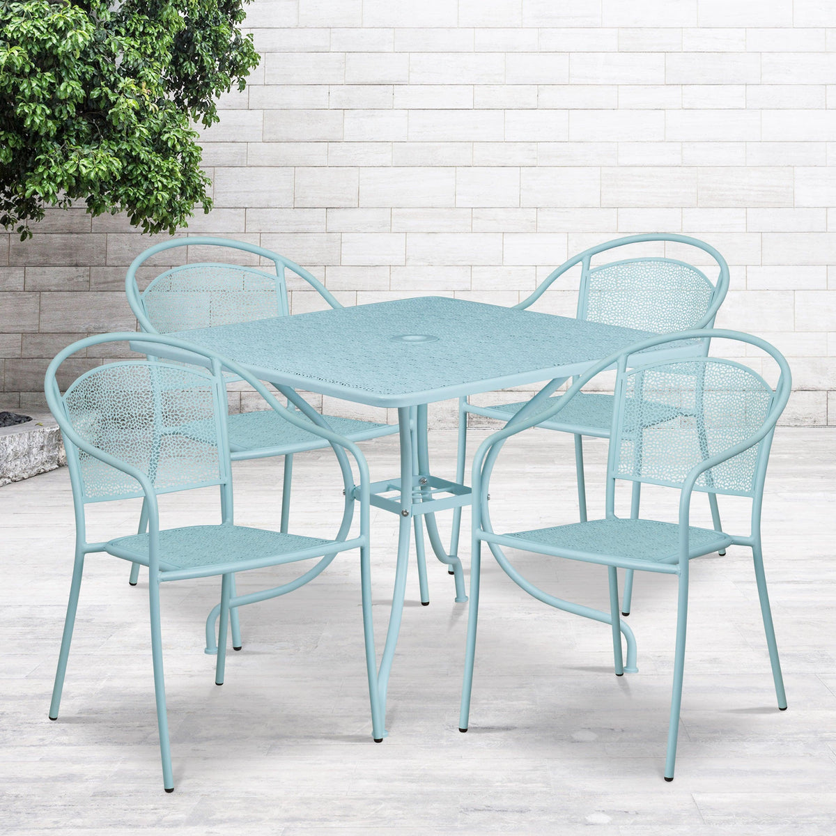Sky Blue |#| 35.5" SQ Sky Blue Indoor-Outdoor Steel Patio Table Set w/ 4 Round Back Chairs