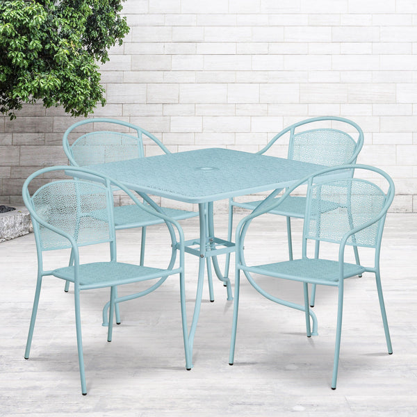 Sky Blue |#| 35.5" SQ Sky Blue Indoor-Outdoor Steel Patio Table Set w/ 4 Round Back Chairs