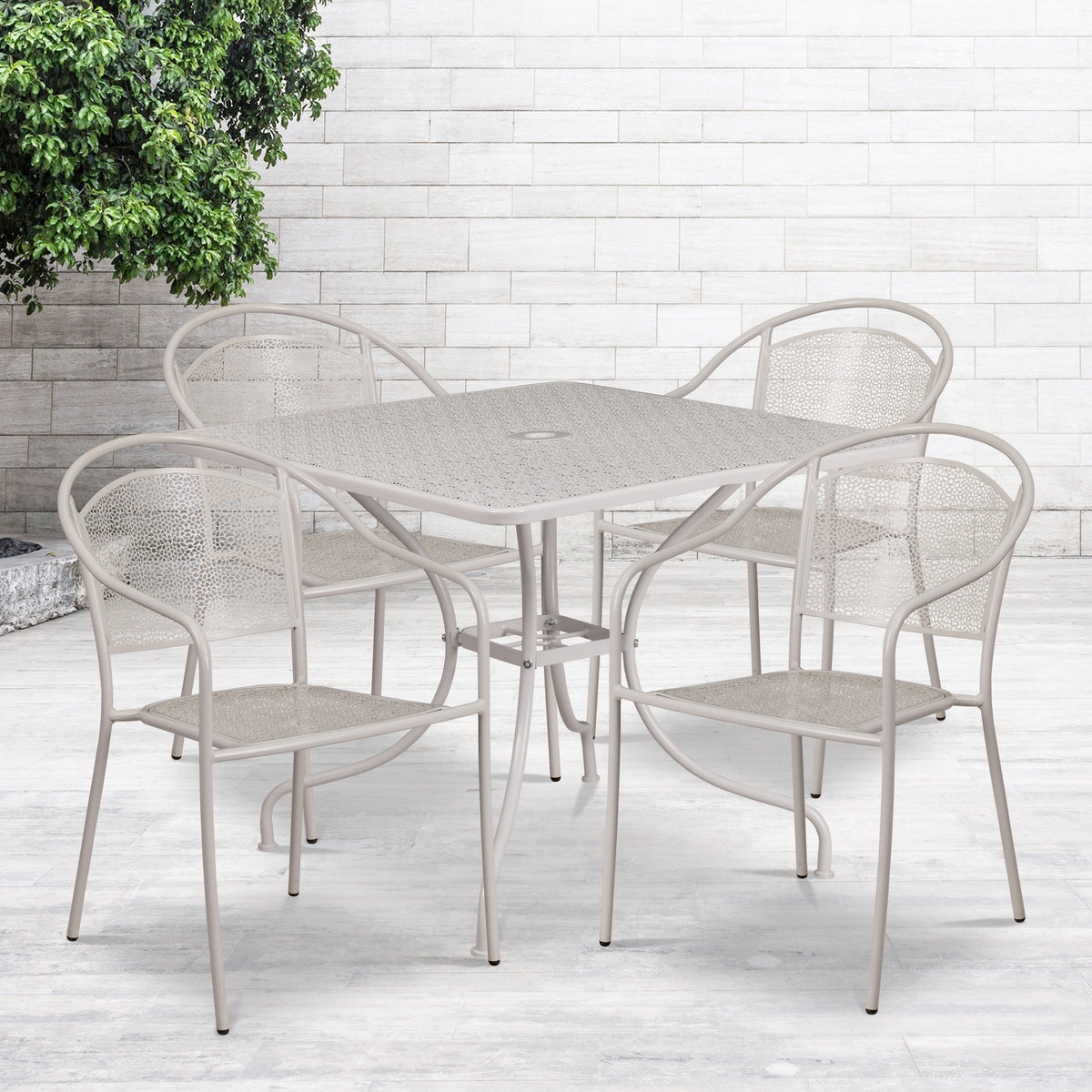 Light Gray |#| 35.5" Square Lt Gray Indoor-Outdoor Steel Patio Table Set w/ 4 Round Back Chairs