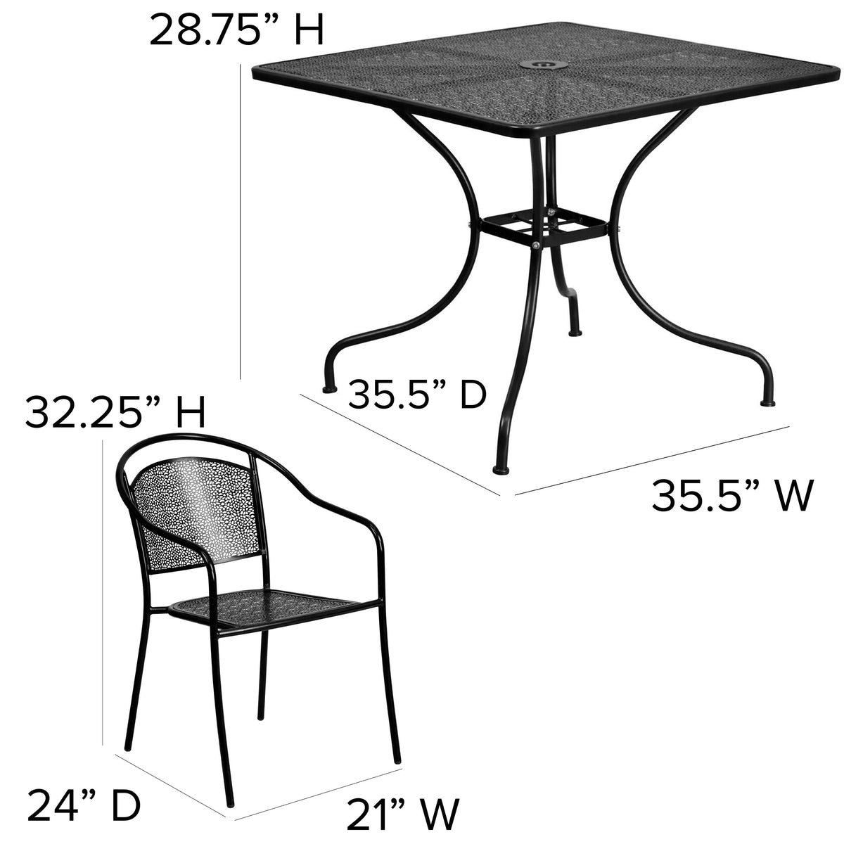 Black |#| 35.5" Square Black Indoor-Outdoor Steel Patio Table Set w/ 4 Round Back Chairs