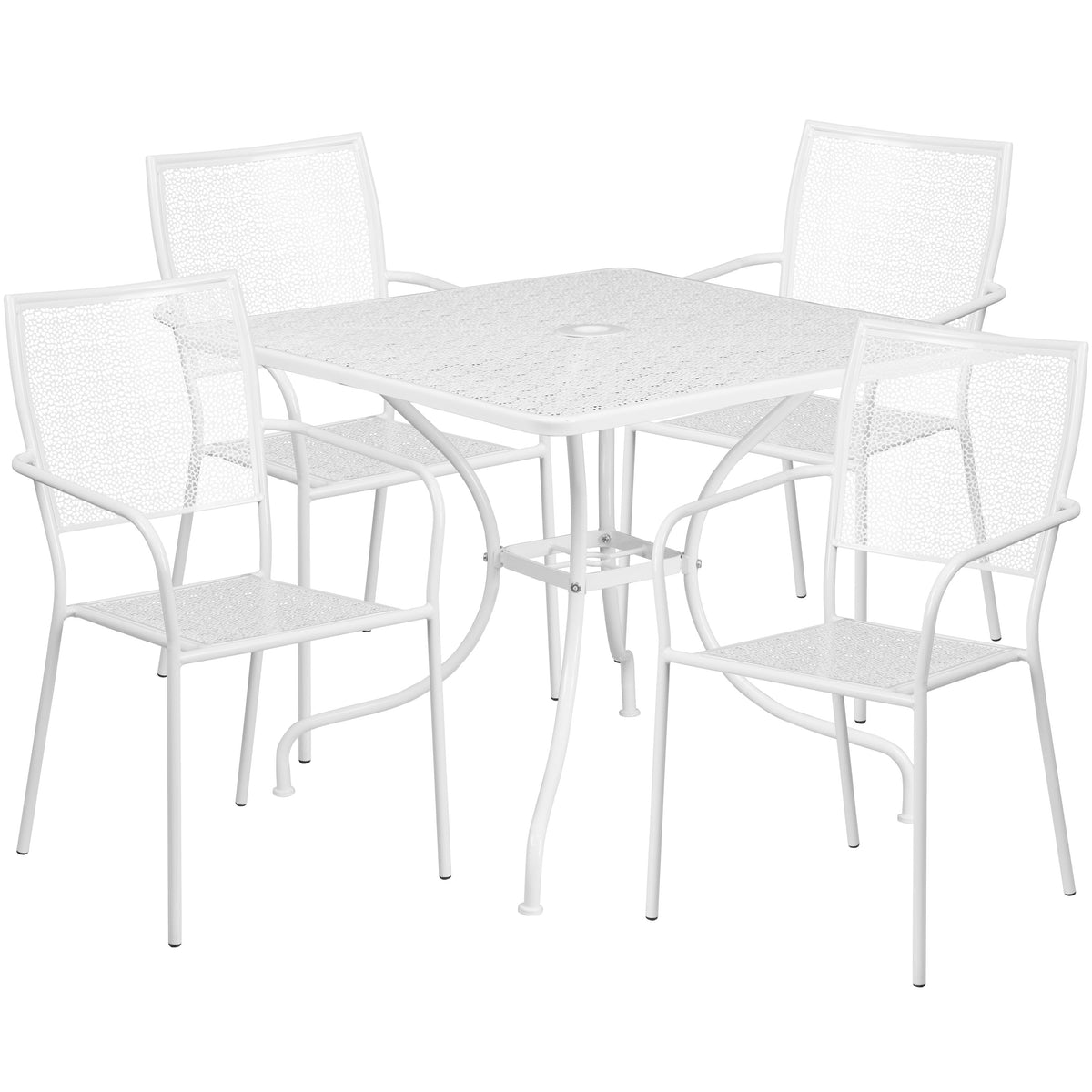 White |#| 35.5inch Square White Indoor-Outdoor Steel Patio Table Set w/ 4 Square Back Chairs