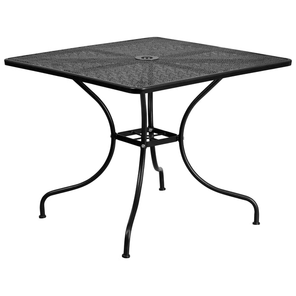 Black |#| 35.5inch Square Black Indoor-Outdoor Steel Patio Table-Umbrella Hole-Restaurant