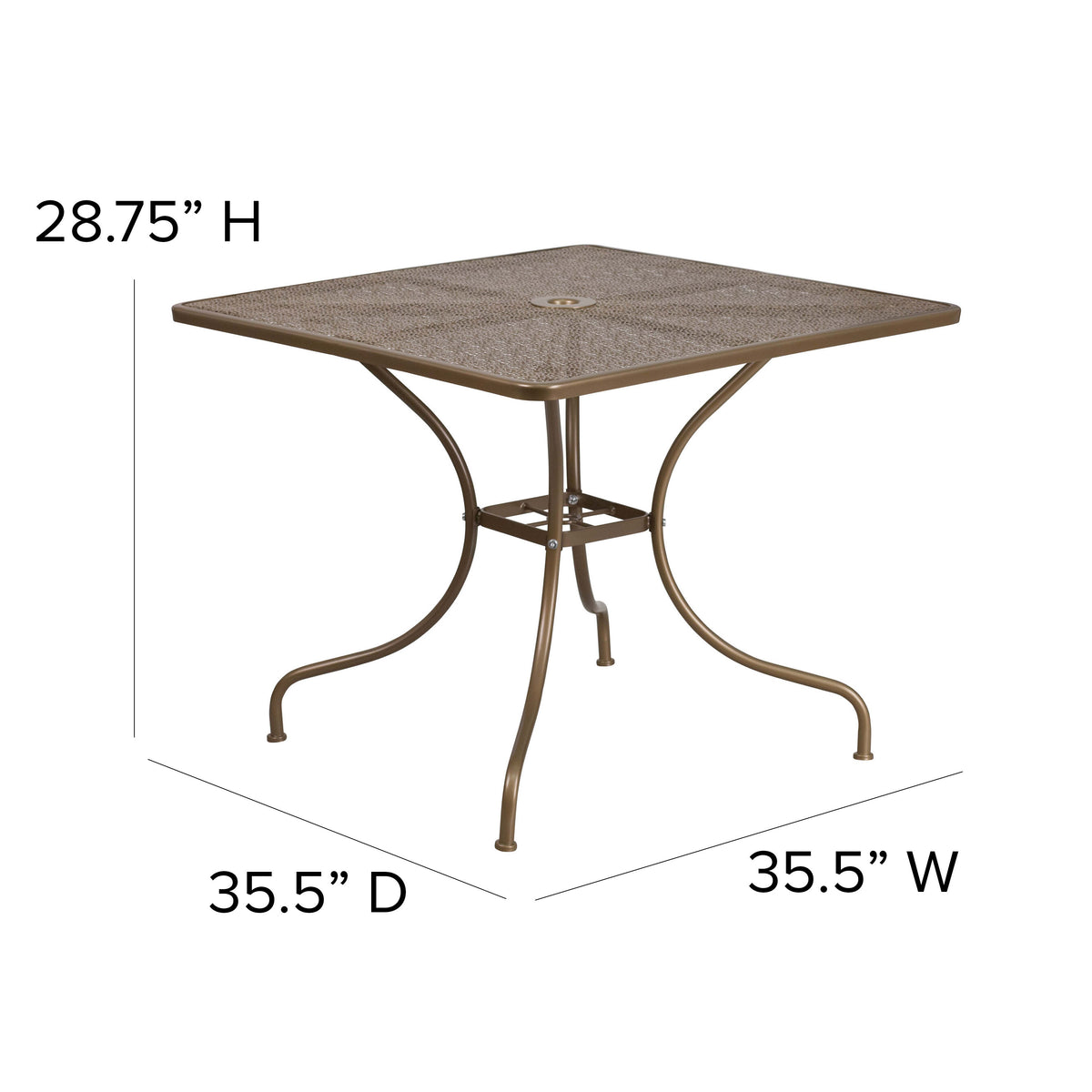 Gold |#| 35.5inch Square Gold Indoor-Outdoor Steel Patio Table-Umbrella Hole-Restaurant