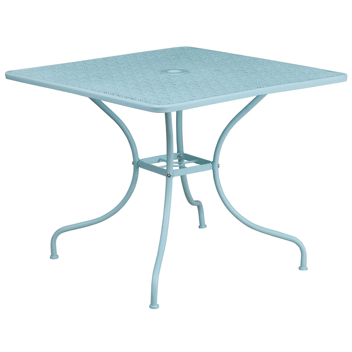 Sky Blue |#| 35.5inch SQ Sky Blue Indoor-Outdoor Steel Patio Table-Umbrella Hole-Restaurant