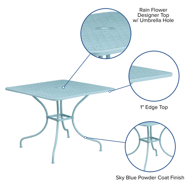 Sky Blue |#| 35.5inch SQ Sky Blue Indoor-Outdoor Steel Patio Table-Umbrella Hole-Restaurant