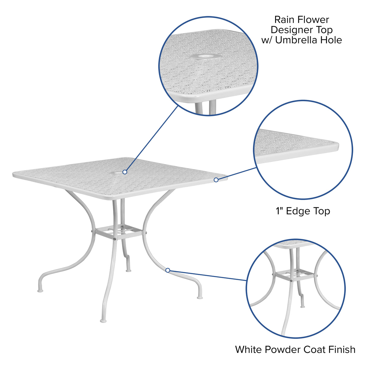 White |#| 35.5inch Square White Indoor-Outdoor Steel Patio Table-Umbrella Hole-Restaurant