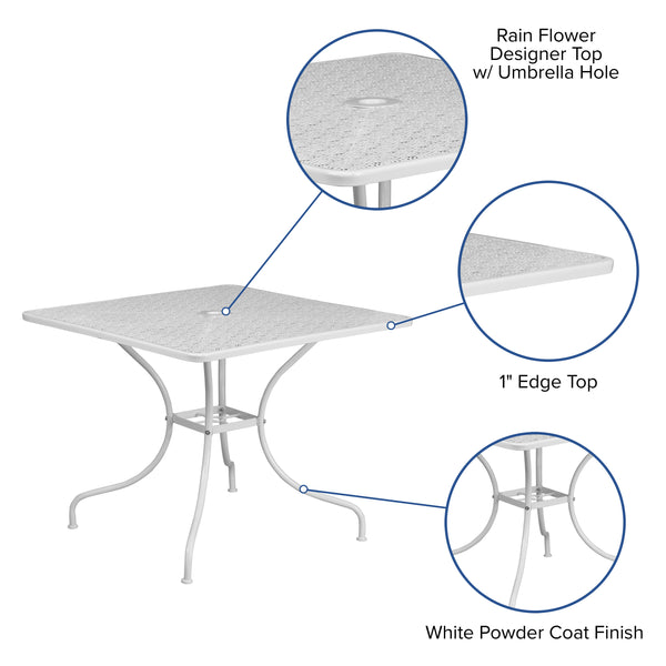 White |#| 35.5inch Square White Indoor-Outdoor Steel Patio Table-Umbrella Hole-Restaurant