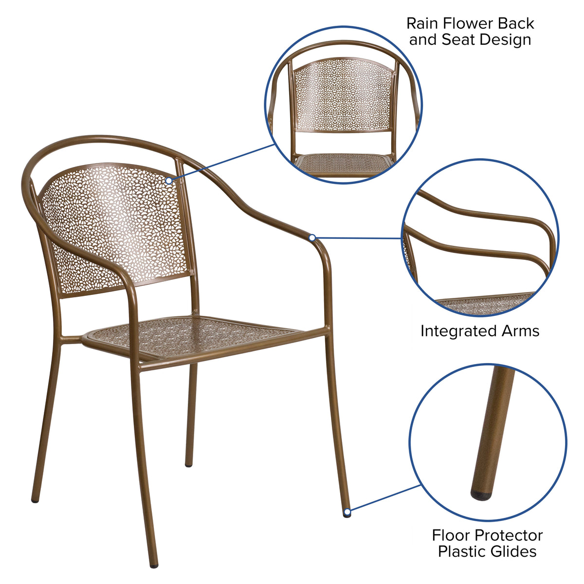 Gold |#| Gold Indoor-Outdoor Steel Patio Arm Chair with Round Back - Café Chair