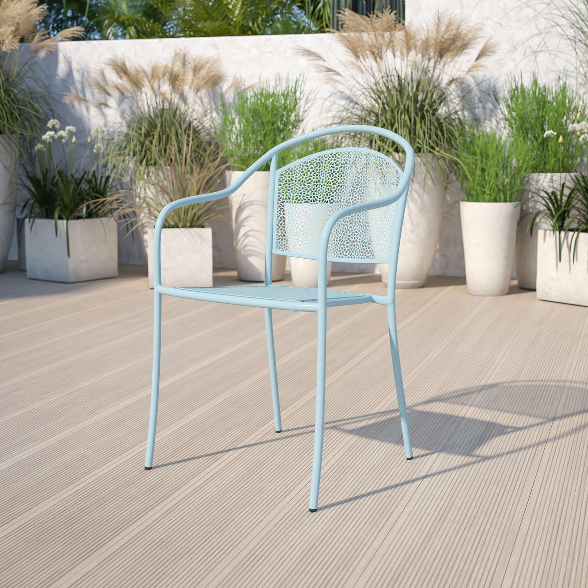 Sky Blue |#| Sky Blue Indoor-Outdoor Steel Patio Arm Chair with Round Back - Café Chair