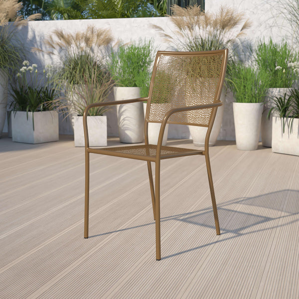 Gold |#| Gold Indoor-Outdoor Steel Patio Arm Chair with Square Back - Bistro Chair