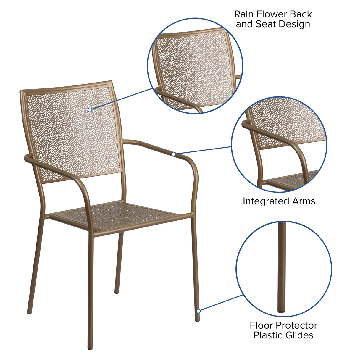 Gold |#| Gold Indoor-Outdoor Steel Patio Arm Chair with Square Back - Bistro Chair