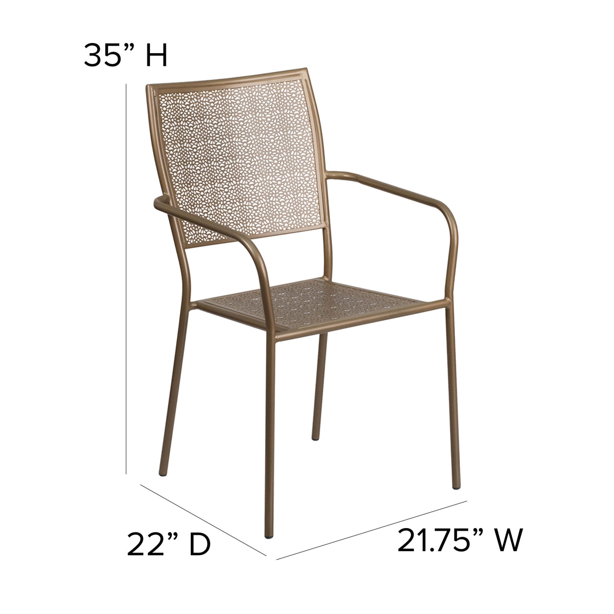 Gold |#| Gold Indoor-Outdoor Steel Patio Arm Chair with Square Back - Bistro Chair