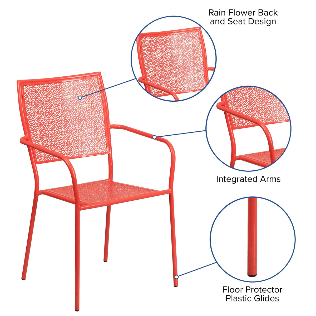 Coral |#| Coral Indoor-Outdoor Steel Patio Arm Chair with Square Back - Bistro Chair
