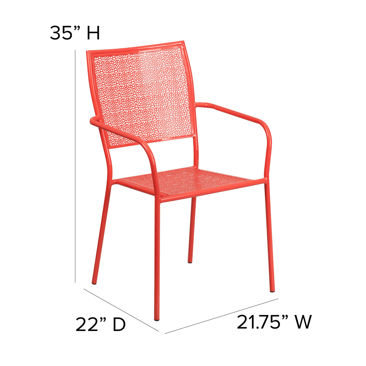 Coral |#| Coral Indoor-Outdoor Steel Patio Arm Chair with Square Back - Bistro Chair