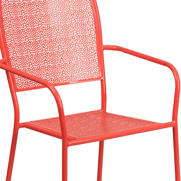 Coral |#| Coral Indoor-Outdoor Steel Patio Arm Chair with Square Back - Bistro Chair