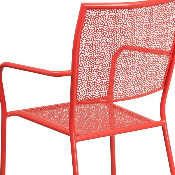 Coral |#| Coral Indoor-Outdoor Steel Patio Arm Chair with Square Back - Bistro Chair