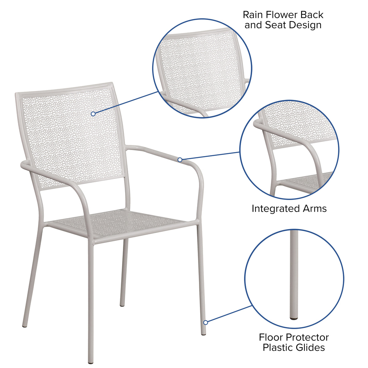 Light Gray |#| Light Gray Indoor-Outdoor Steel Patio Arm Chair with Square Back - Bistro Chair