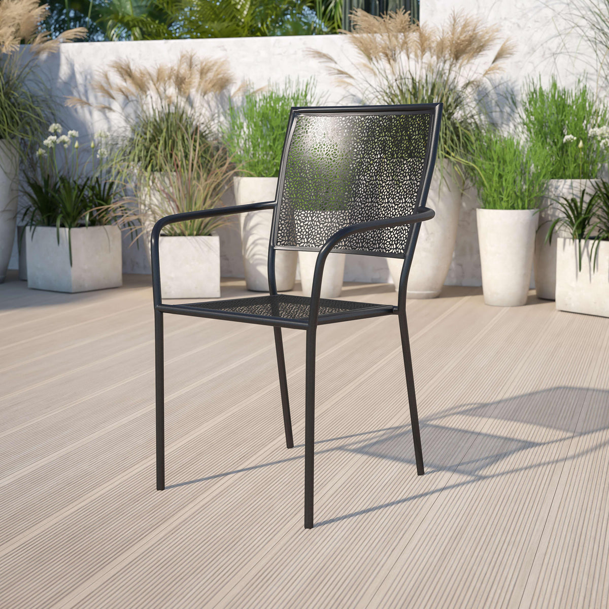 Black |#| Black Indoor-Outdoor Steel Patio Arm Chair with Square Back - Bistro Chair