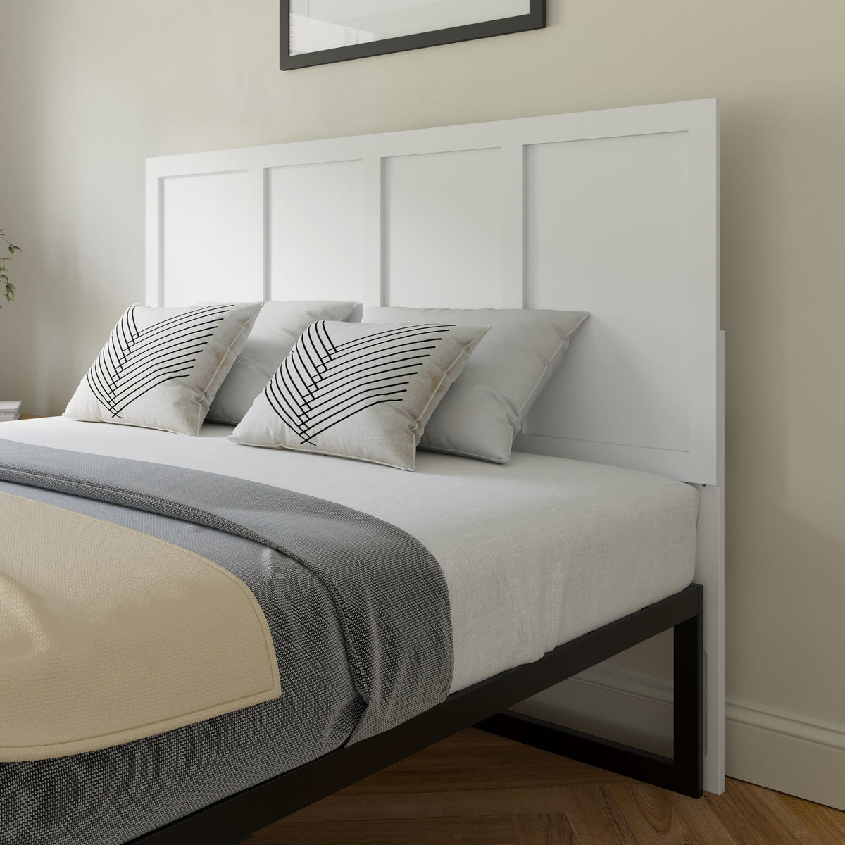 White,Queen |#| Contemporary King Size Four Panel Wooden Headboard Only in White