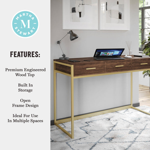 Walnut Top/Polished Brass Frame |#| Walnut 3 Drawer Home Office Desk with Polished Brass Metal Frame and Hardware